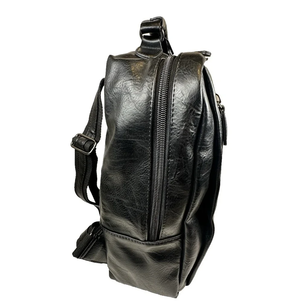 Black Faux Leather Backpack XL Multi Pocket Travel School Laptop Bag New